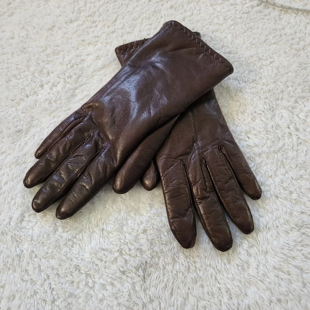 Grandoe Womens Brown Leather Fur Lined Winter Gloves Size Medium M Zigzag Stitch